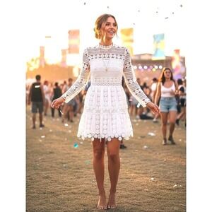 Vintage Crochet Lace Mini Dress Womens Festival Fairy White Boho Floral Cosplay
